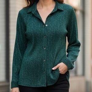 Rafaella Womens Green Metallic Plisse Button Down Shirt Long Sleeve Size Medium